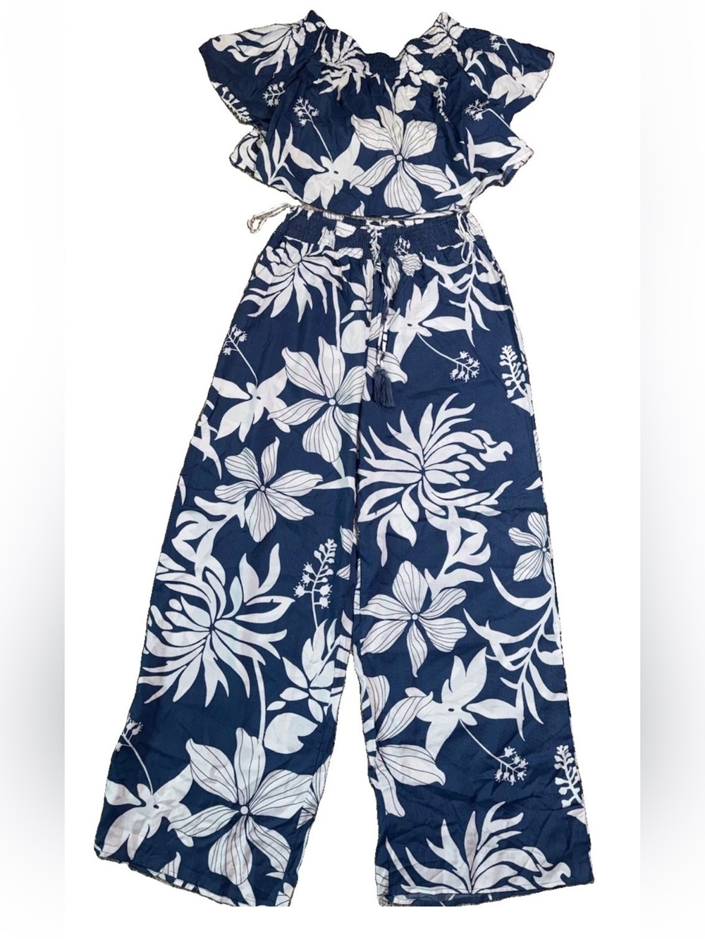 Salty Lemon Boho 2 Piece Set Sage Hibiscus Floral Crop Top Wide Leg Pants M NEW - Picture 2 of 16